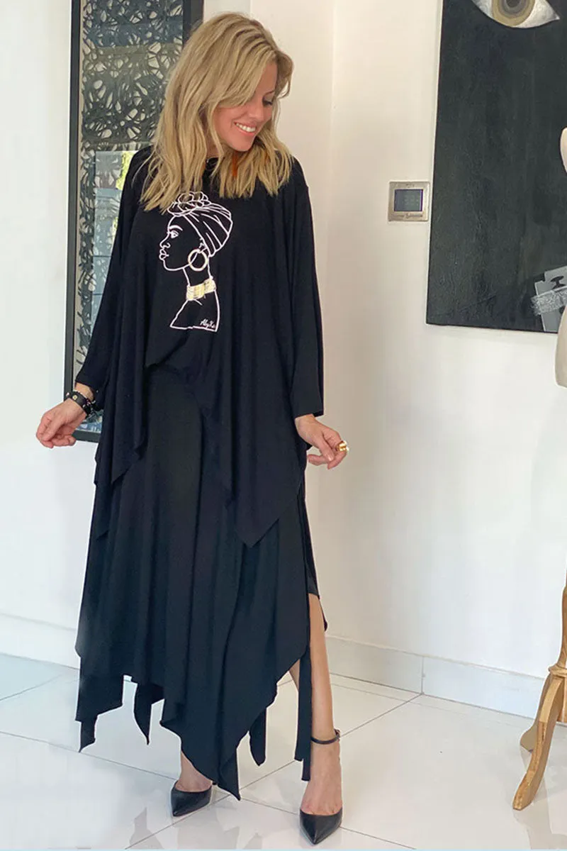 Asymmetrical Draped Skirt With Adjustable Tie Belt- Black