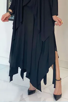 Asymmetrical Draped Skirt With Adjustable Tie Belt- Black