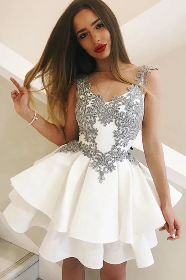 Illusion Neck Appliques Taffeta Short Party Dress With Layered Skirt OM178