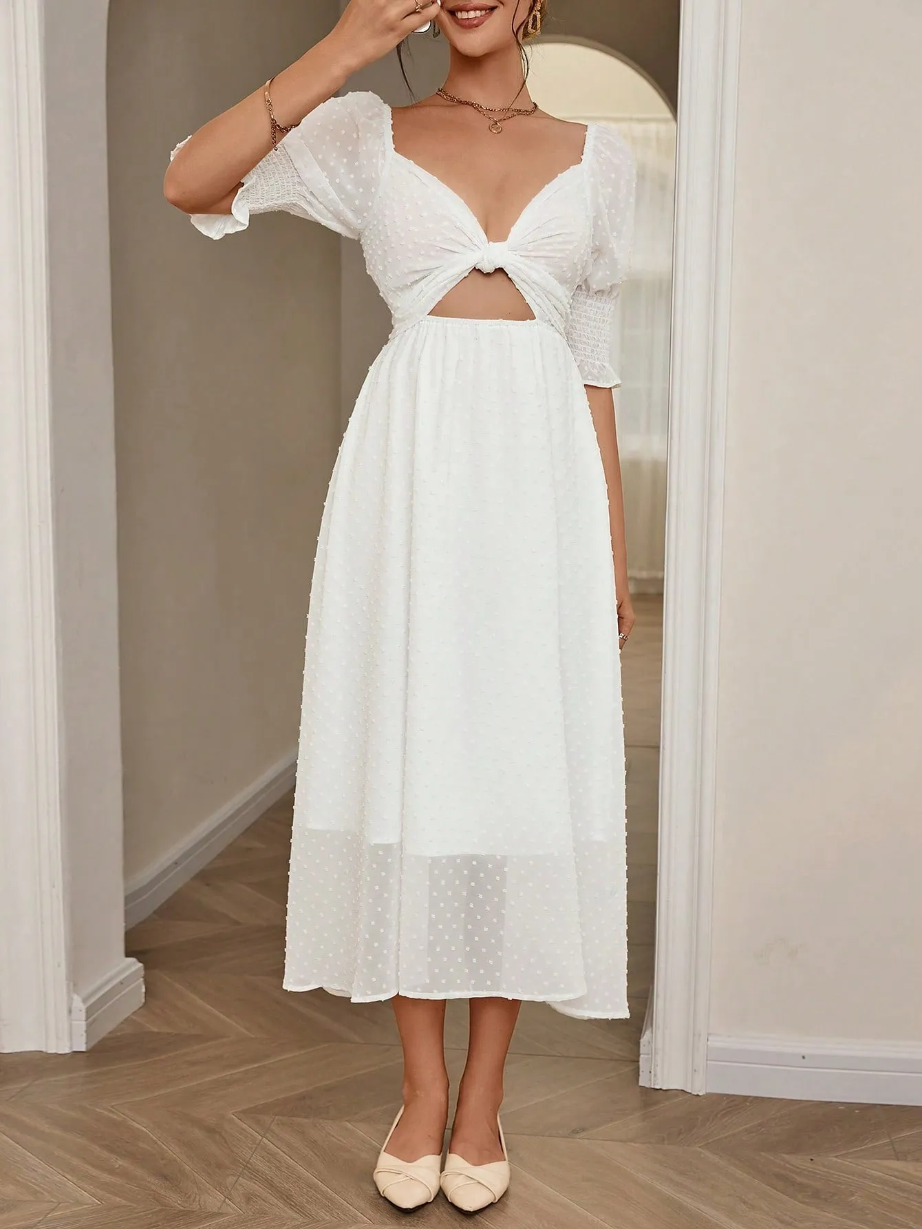 Swiss Dot Twist Front Cut Out Puff Sleeve Dress