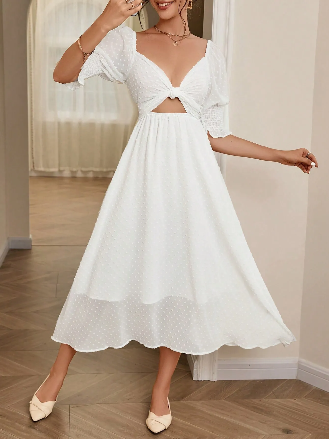 Swiss Dot Twist Front Cut Out Puff Sleeve Dress