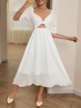 Swiss Dot Twist Front Cut Out Puff Sleeve Dress