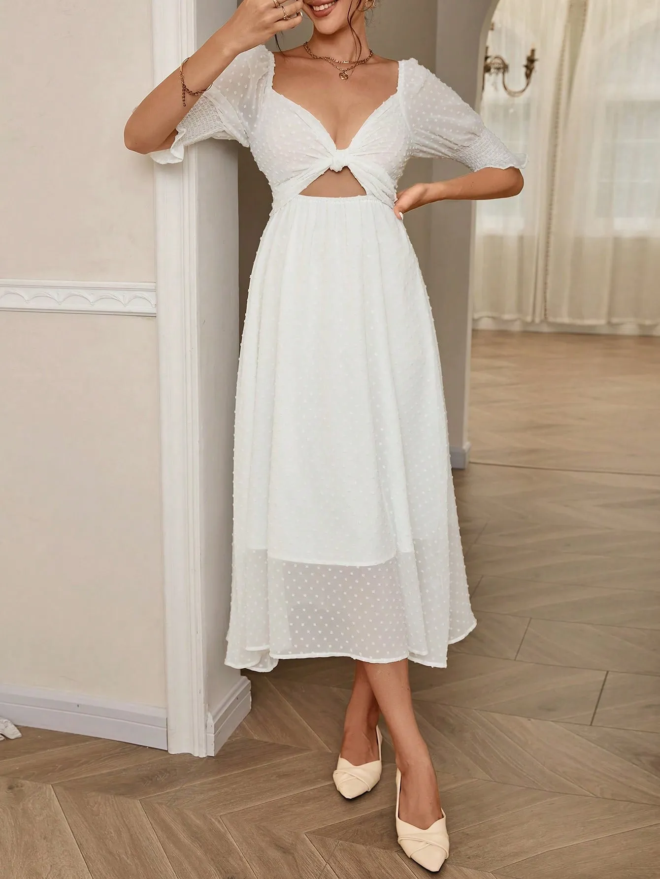 Swiss Dot Twist Front Cut Out Puff Sleeve Dress