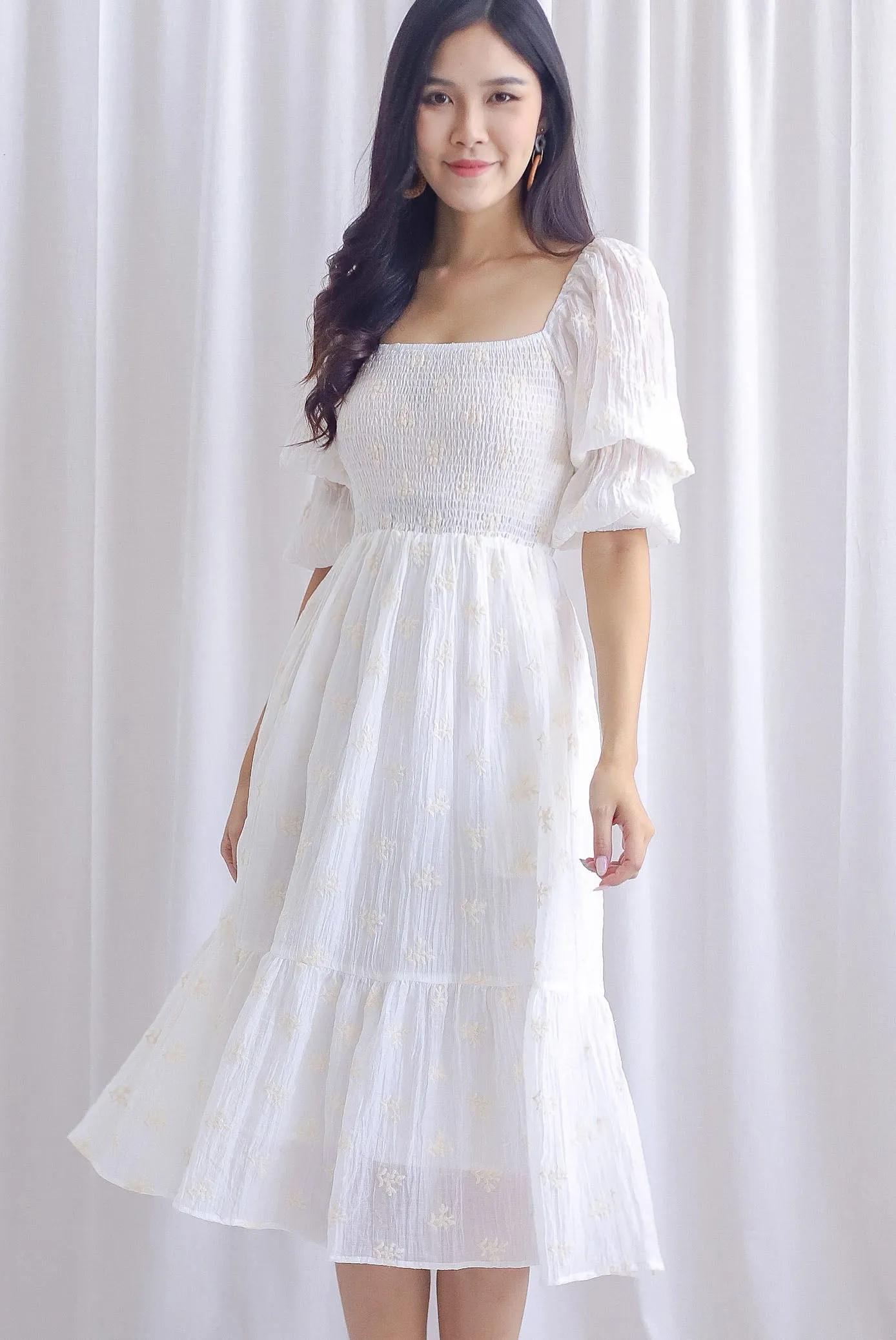TDC Basha Tiered Puffy Sleeve Maxi Dress In White Embro
